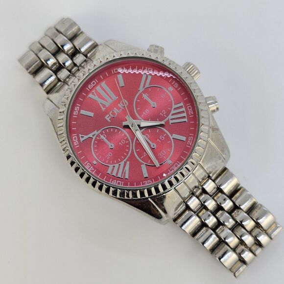 Folio Women's Watch 38MM Dark Pink Dial Gray Bracelet Band 5.5" New Battery - Picture 6 of 13